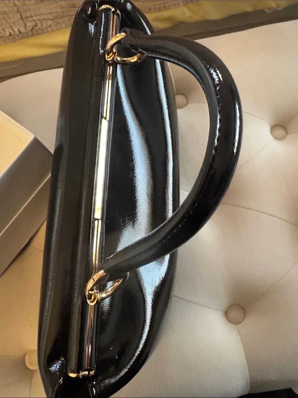 JW PEI Black Patent Top-Handle Clutch with Gold Hardware